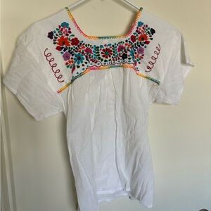 Hand Embroidered Mexican Floral Peasant Blouse - White Boho Top - Small
